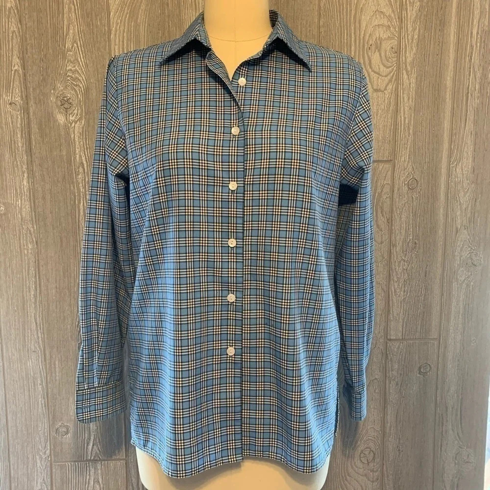 Foxcroft Blue Plaid Cotton-Blend Shirt 6